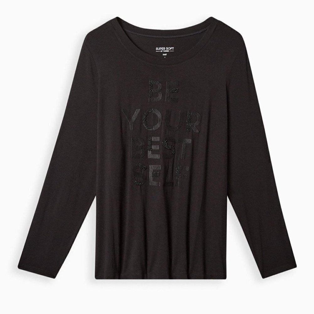 Torrid - Be Your Best Self Slim Fit Super Soft Crew Neck Embroidered, Deep Black